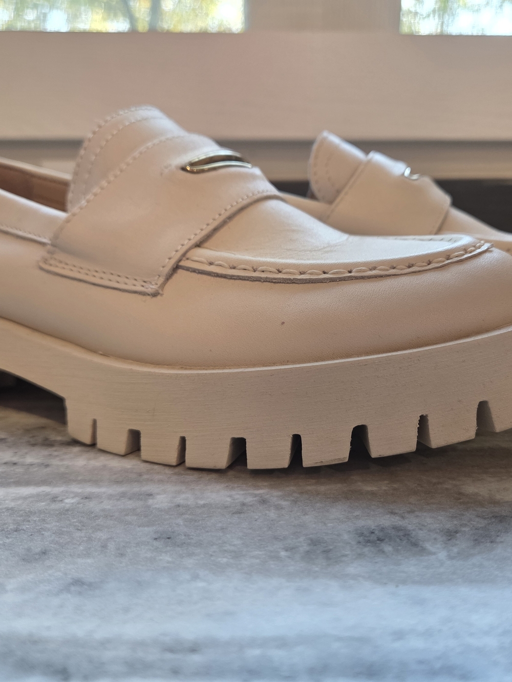 Steve Madden Cream Chunky Lug Loafers with Gold Accent